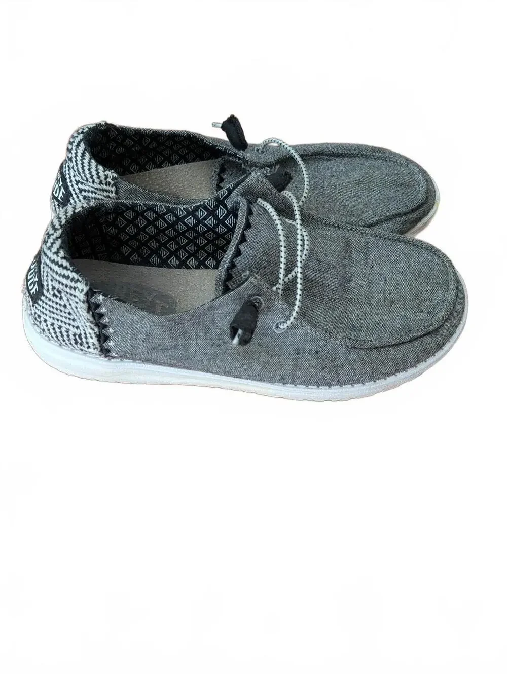 Hey Dude Wendy 8 M Chambray Woven Onyx Grey Casual Slip-On Shoes Indy Sleaze